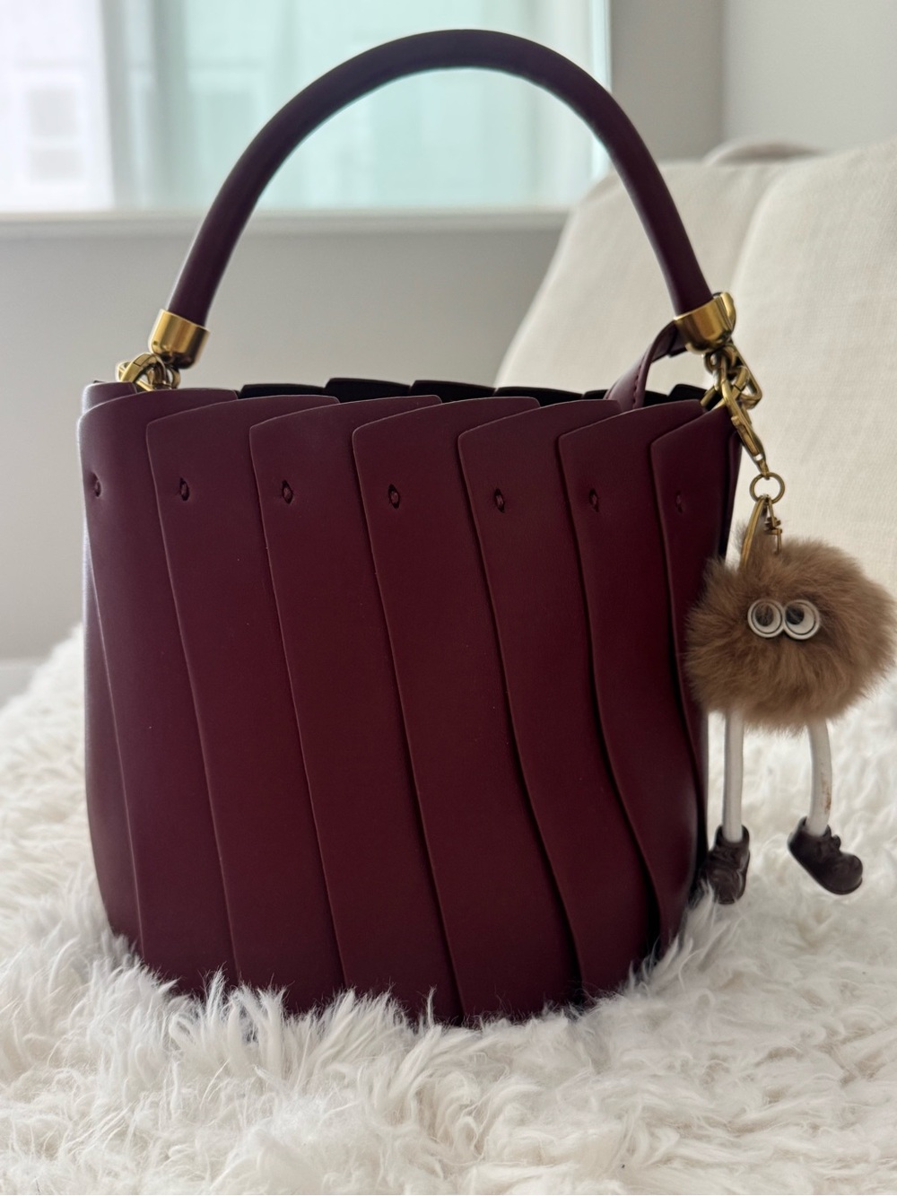 Plum Woven-Panel Bucket Bag with Top Handle